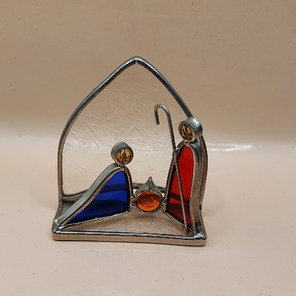 Vintage Stained Glass Nativity Scene in Blue and Red